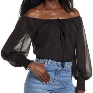 WAYF black off the shoulder long sleeve sheer w/ lining, metallic threading. S